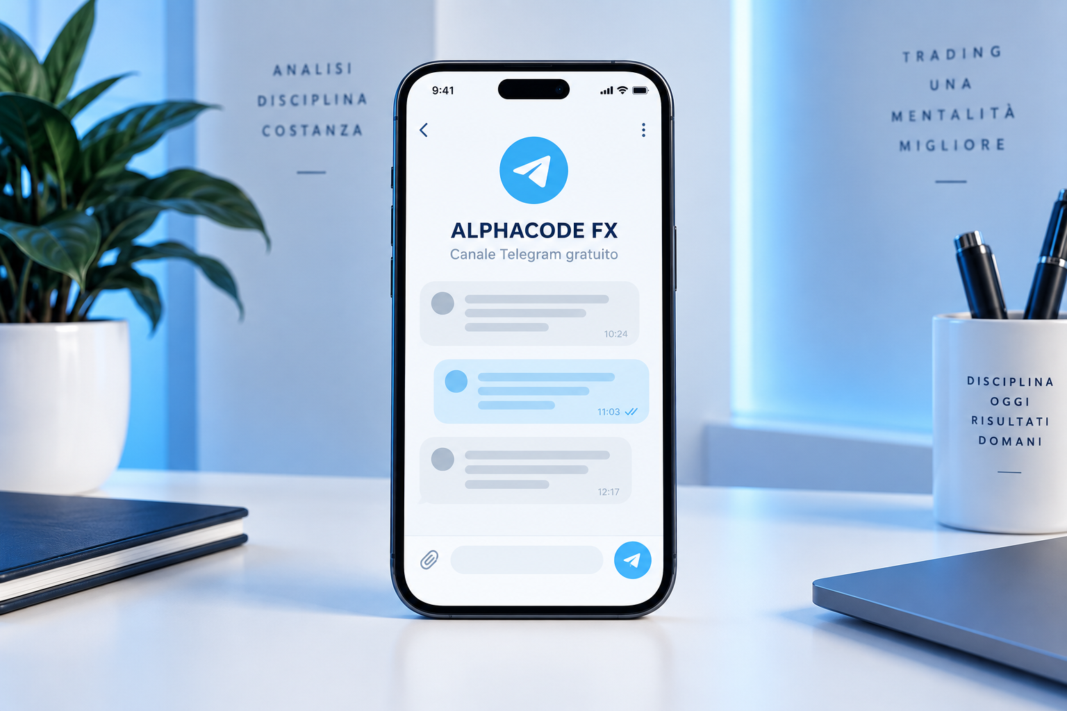 Mockup illustrativo del canale Telegram ALPHACODE FX